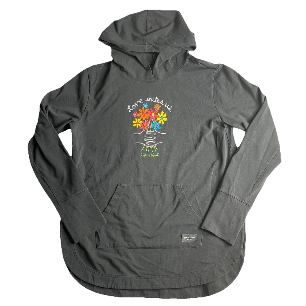 Life is Good Womens Hoodie Black Flower Graphic Pullover Long Sleeve Shirt M‎